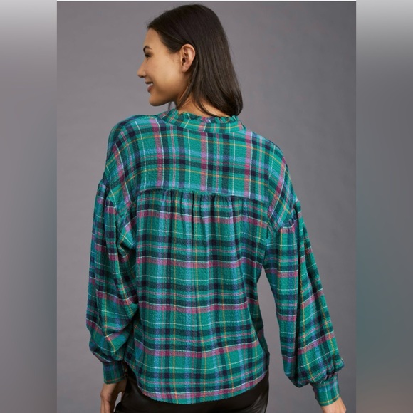 Anthropologie‎ Pilcro Cropped Puff-Sleeve Blouse Green Plaid Large Relaxed Fit - Picture 3 of 16